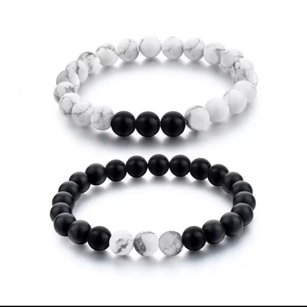 Two Bracelet set Black Onyx and White Howlite Beaded Bracelets